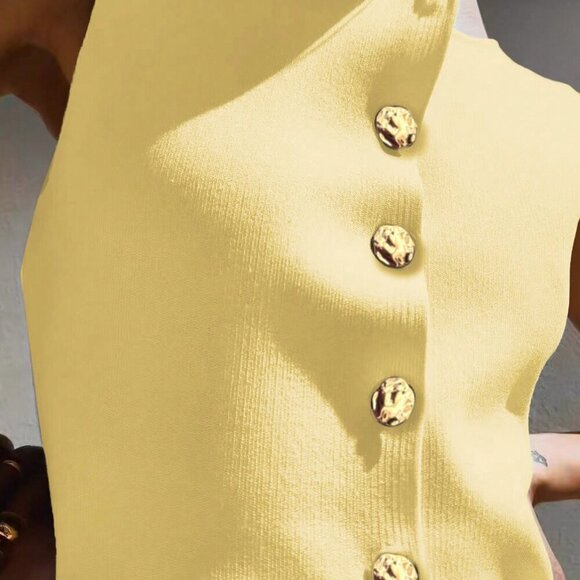 Yellow Casual Women's Metal Button Open Front Sleeveless Jacket - Picture 3 of 8